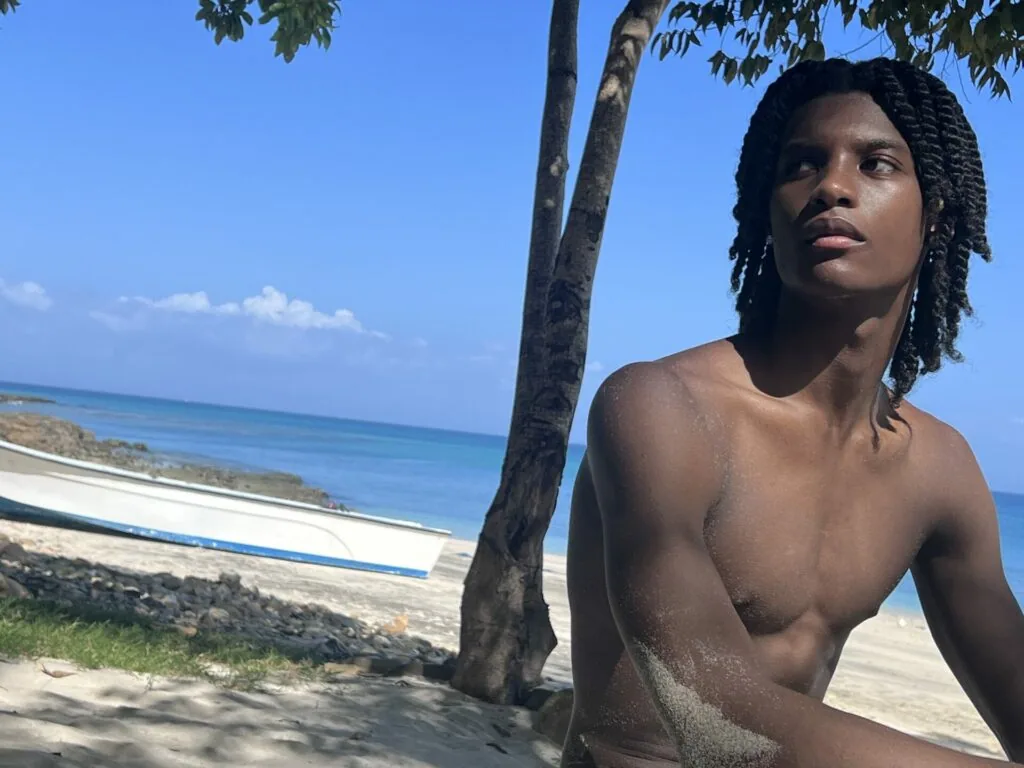Shirtless man with braided hair standing by palm tree on tropical beach with turquoise water