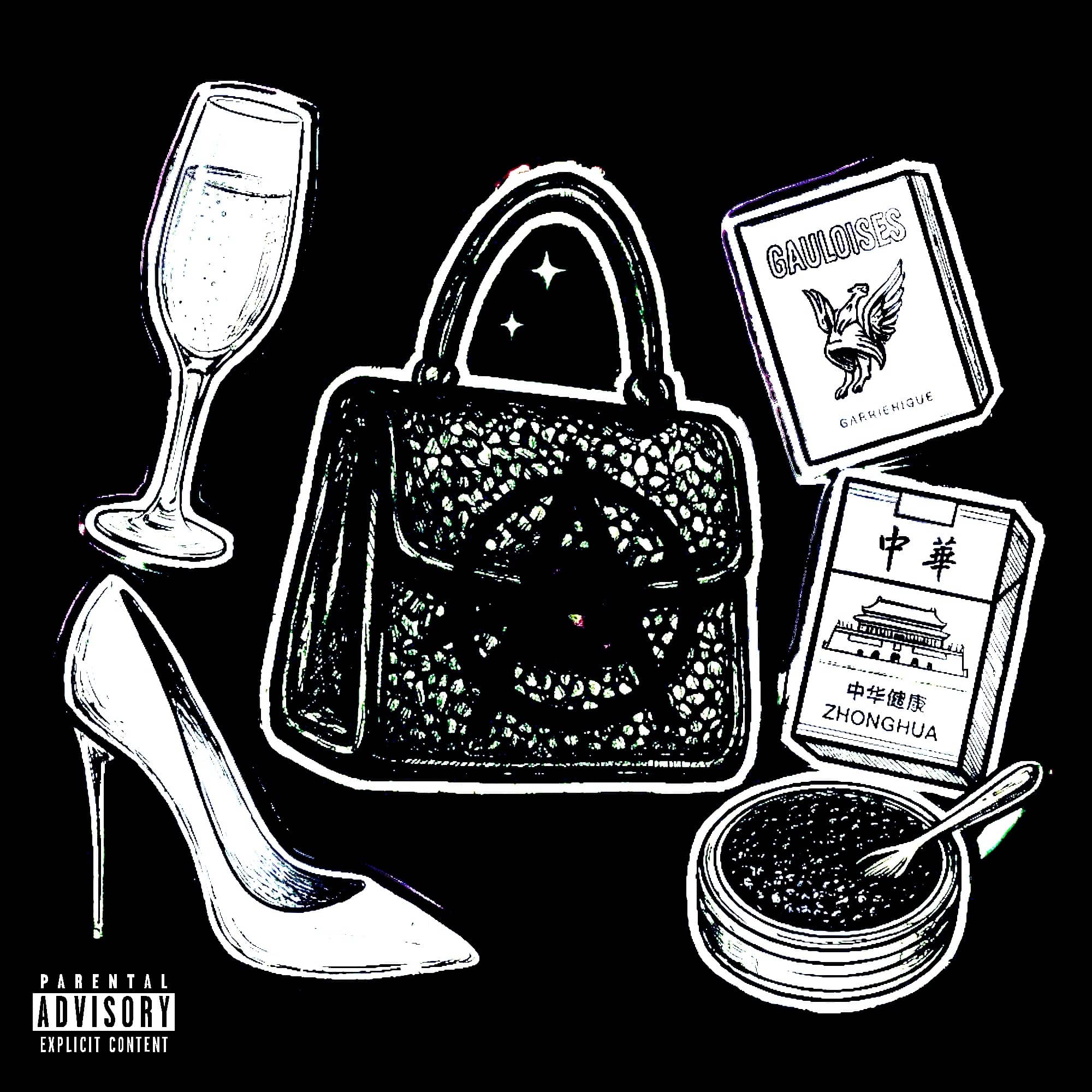 Line drawing of luxury items: quilted handbag with chain strap, champagne flute, high heels, caviar jar, and books on black background with parental advisory label.